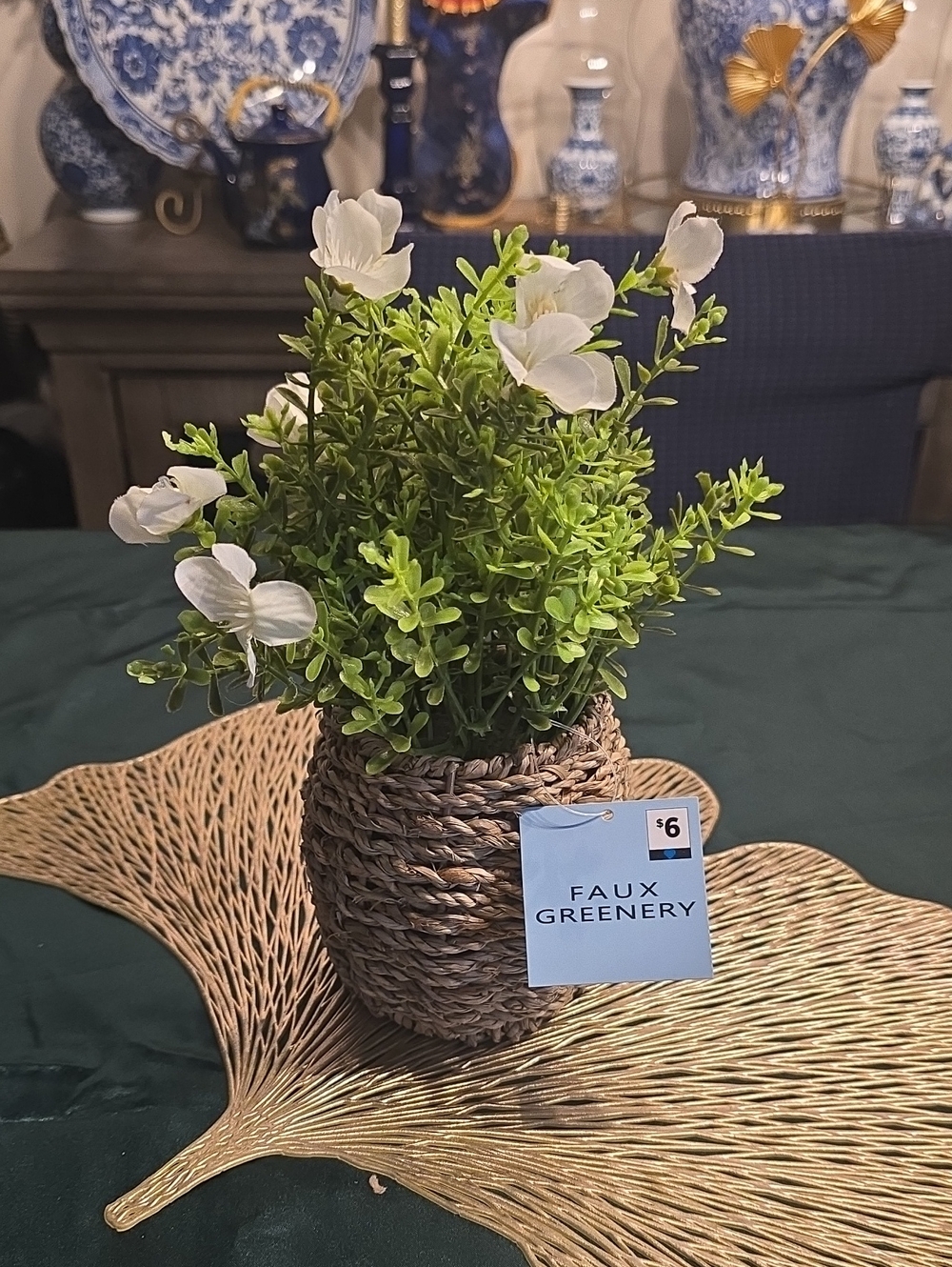 Faux Greenery White Floral and Greenery Arrangement in Woven Basket